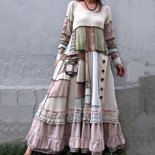 

2019 new women dresses autumn winter vintage patchwork casual long sleeve retro cotton maxi robe big plus size loose dress, Black;gray