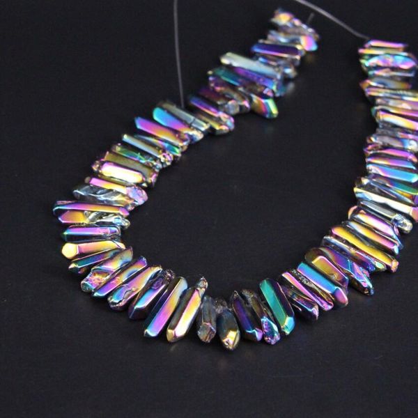

15.5"strand polished rainbow titanium crystal quartz drilled point beads,raw crystal stick pendant beads jewelry making, Silver