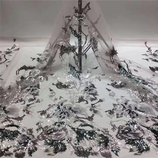 

2020 african lace fabric french net embroidery sequins tulle lace fabric for nigerian party dress f116-2, Black;white