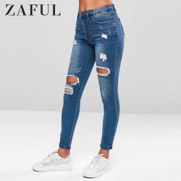 

zaful distressed pocket skinny jeans zipper ripped women casual skinny bleach jeans hole pants bottom streetwear 2019, Blue