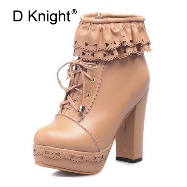 

winter new lolita boots shoes for woman platform high heel sweet bow ruffles women ankle boots lolita princess shoes big size 43, Black
