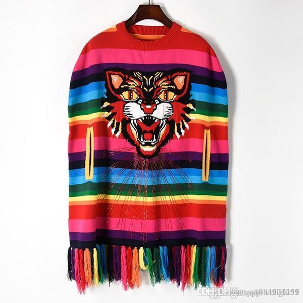 

article 2019 autumn new spell color stripe sweater knitting tassel tiger shawl o-collar cloak women's women casual pullover women sweat, White;black