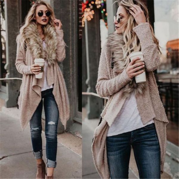 

new arrival womens autumn winter fur fluffy blends warm cardigans coat waterfall jacket outwear, Black