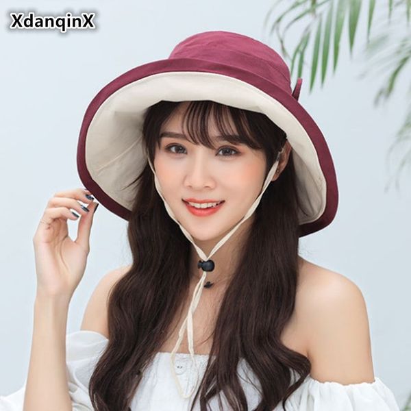 

xdanqinx double-sided wearable women bucket hat elegant lady anti-uv beach hats foldable oversized large visor female summer cap, Blue;gray