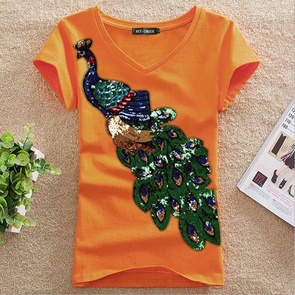 

peacock sequin embroidery short 208 cotton pattern new t-shirt women's slim fashion women's sleeve wgqmt, Black