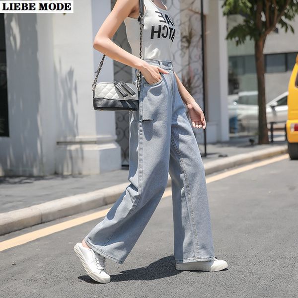 

2020 summer boyfriend wide leg jeans for women loose straight leg mom jeans high waist holes ripped denim pants thin long blue