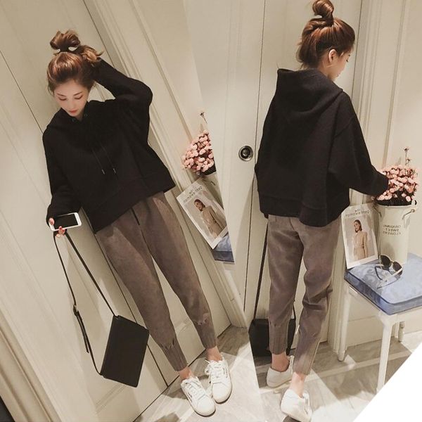 

set female 2018 autumn new temperament casual hooded solid color wild large size shirt + trousers elegant fashion two-piece, Gray