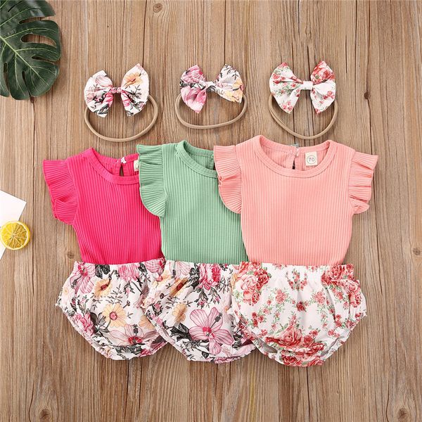 

clothing sets 3pcs born baby girls summer outfit clothes short sleeve knitted jumpsuit bodysuit+pants+headwear casual suits set, White