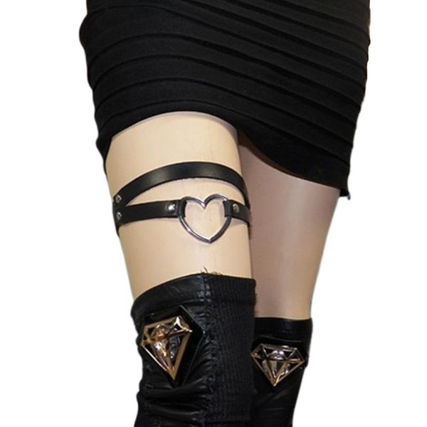 

womens adjustable 2 rows faux leather leg thigh harness garter belt punk gothic with hollow heart metal ring party costume, Black;white