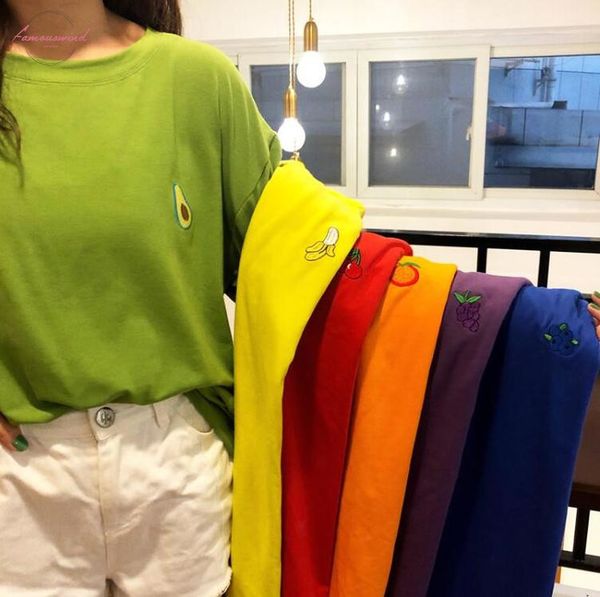 

2020 new fashion women t shirts spring and summer fruit embroidery loose short sleeved t shirt drop shipping good quality, White