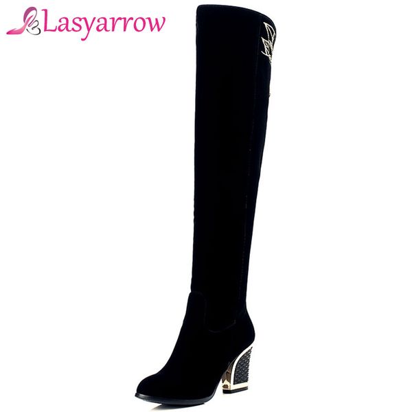 

lasyarrow thick high heels women's shoes zipper botas mujer solid black embroidered over the knee boots women thigh high boots