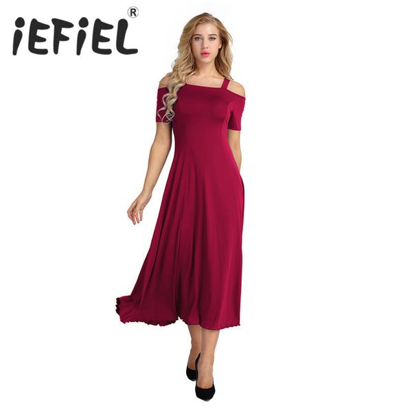 

iefiel women fashion summer short sleeve solid color stretchy party a-line long dress ballroom competition dancing dresses, Black;red