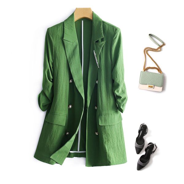 

spring summer women green blazer double-breasted cotton linen suit pockets work office suits pure color outwear linen suit, White;black