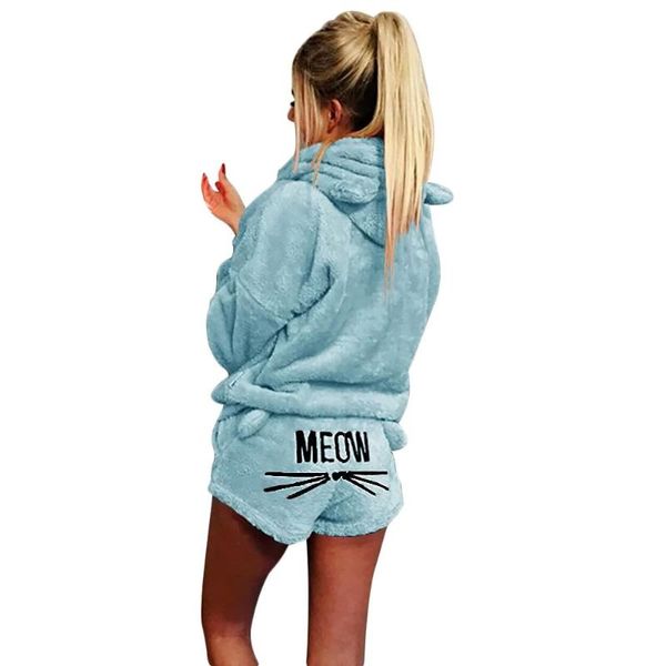 

women pijama cute cat embroidery winter pyjamas women hooded sweater shorts velvet pyjama femme warm homewear, Blue;gray