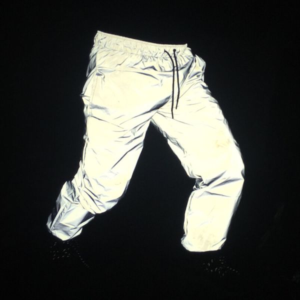 

men reflective hip hop trousers dance knee length streetwear light shiny night men joggers reflective pants, Black