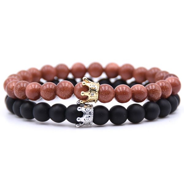 

2 pieces / natural stone crown beads bracelet elastic beads couple jewelry healing energy bracelet, Black