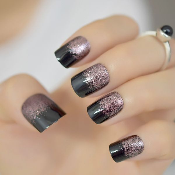 

black light soft coffee brown glitter french false nail square head shimmer fake nails tips bride daily office summer wear, Red;gold