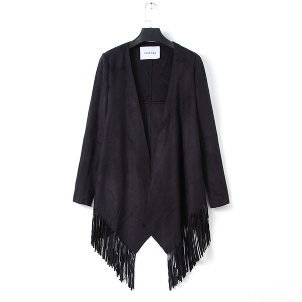 

deer leather velvet spring new black tassel decoration shawl cardigan coat long sleeve women no buckle casual long jacket d278, Black;brown