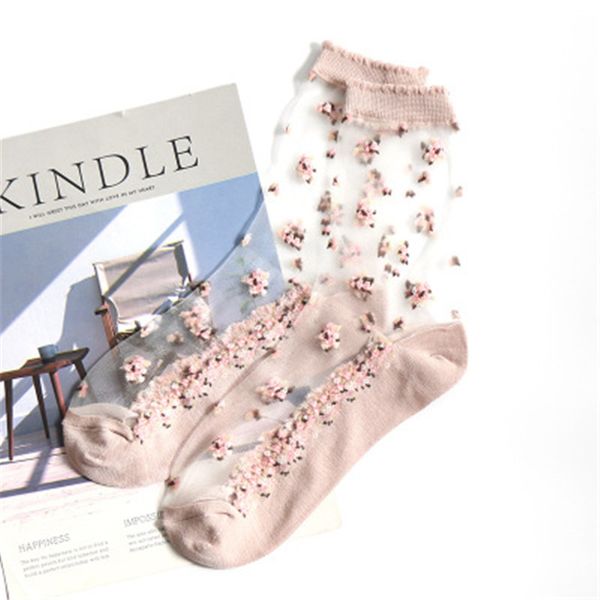 

socks & hosiery 1 pair breathable ultra thin summer women transparent lace silk crystal rose flower girls elastic short female sox, Black;white