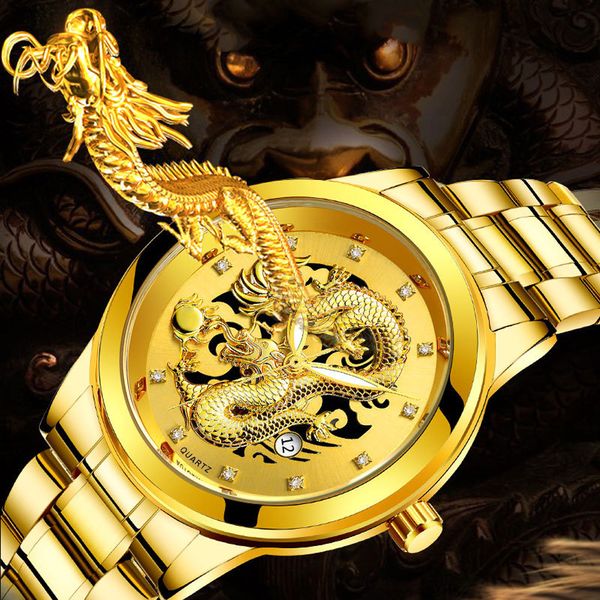 

fashion men watch gold dragon sculpture luxury quartz stainless steel watches waterproof wristwatches relogio masculino, Slivery;brown