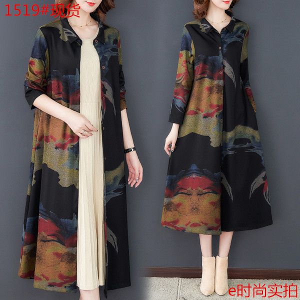 

women's trench coats 2021 autumn retro loose large size cotton and linen printed long coat ethnic style female jacket, Tan;black