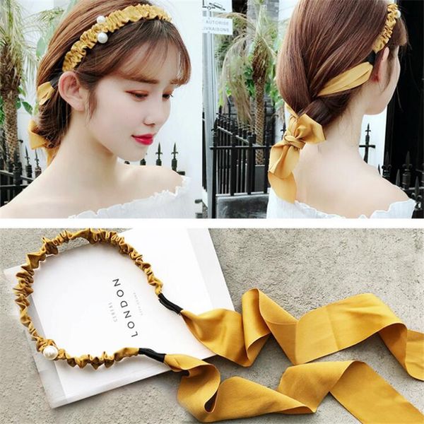 

1 pc korean style women fashion fairy plaid peals hairband headband girls bow bezel ribbon hair make tools hair accessories