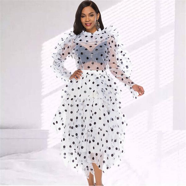

2 pieces sets women blouse skirts polka dot suits ruffles thin transparent shirts elegant tutu jupes lady fashion summer spring, White