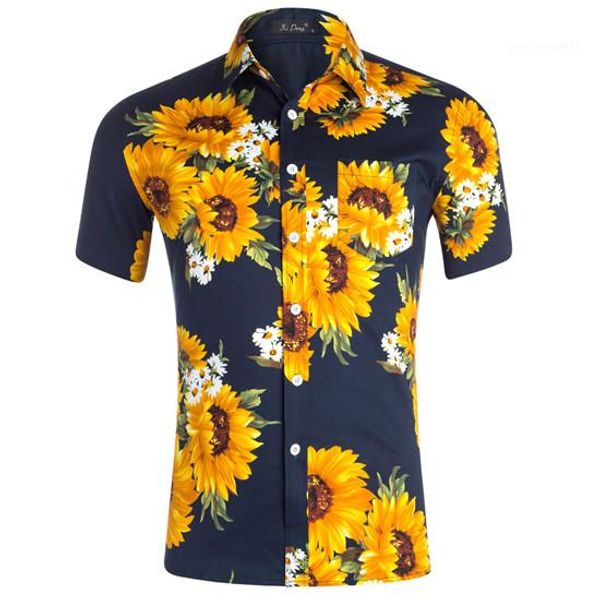 

casual summer mens clothing fashion designer sunflower printed mens shirts short sleeved teenagers tees turn-down collar, White;black