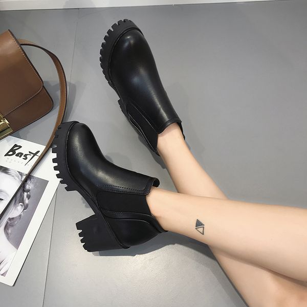 

shoes round toe low heels booties fashion boots woman booties ladies lace up platform punk mid-calf autumn mid calf 2019, Black