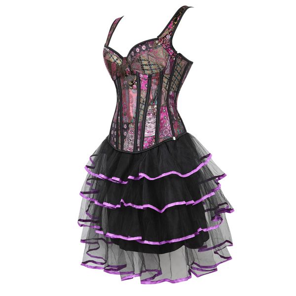 

purple corset dresses for women skirt tutu set gothic jacquard strap corset plus size burlesque corset dress plus size s-6xl, Black;white