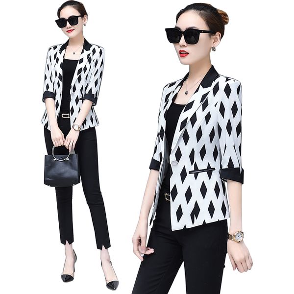 

ies women 2019 floral printed blazers fashion women suit blazer and jackets plus size three quarter sleeve office work coat, White;black