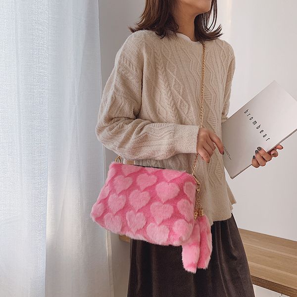 

winter soft fur shoulder bag female leopard zebra pattern solid color female chain bag plush handbag crossbody bags for women