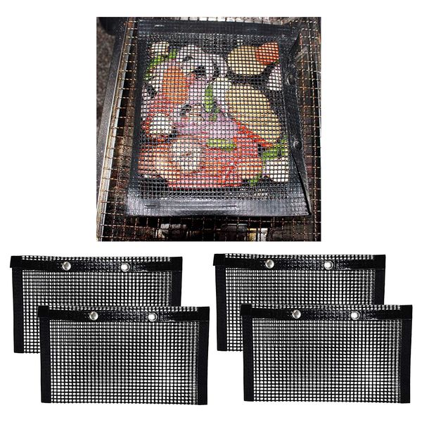 

4 x reusable non-stick mesh bag grill barbecue pockets resistance 24 x 14cm