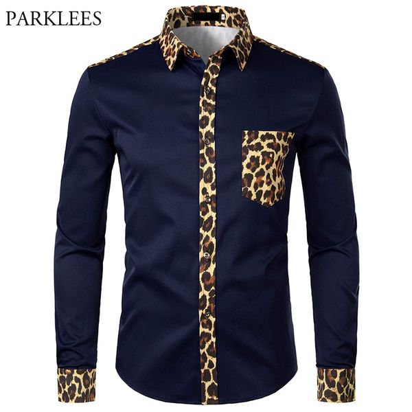 

men splice leopard printed shirt with pocket men dress shirt long sleeve fashion brand mens button shirts camisas hombre usa, White;black