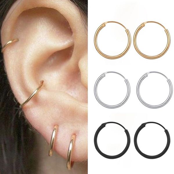 

punk black color small round circle loop earrings alloy hoop earrings for women men ear ring huggies earring hip hop jewelry, Golden;silver