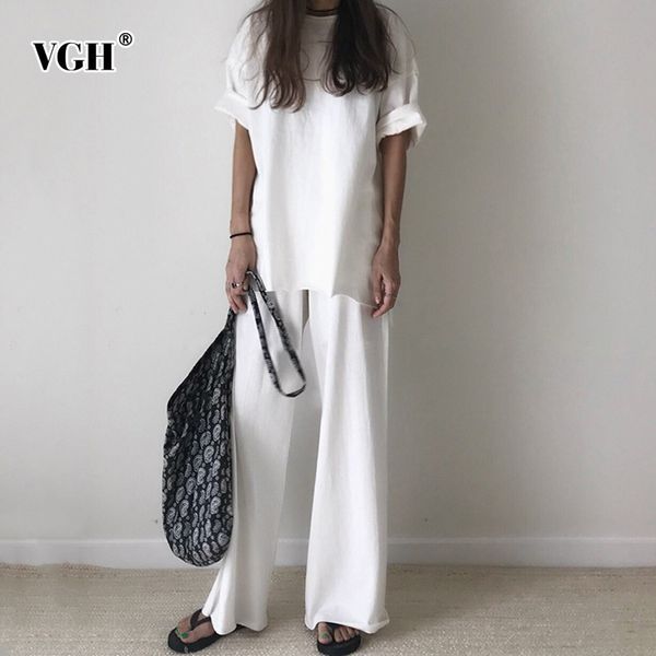 

vgh spring two piece women suit short sleeve o neck t-shirt with ankle-length female pants 2019 fashion women's clothing tide, White