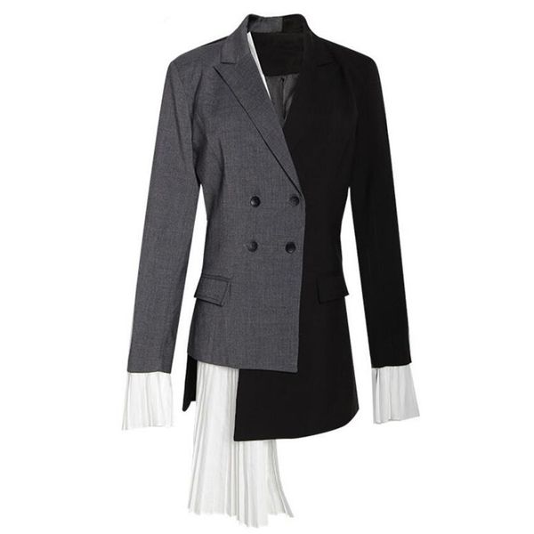 

2019 women contrast color stitching pleated asymmetrical blazer retro mid long suit slim fit jacket coat, White;black