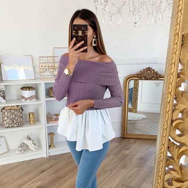 

off shoulder ruffles hem slim knit shirt women long sleeve slash neck elegant sweet autumn a line vintage pullovers, White