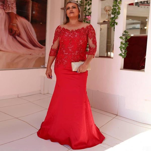 

elegant 2020 red mermaid mother of the bride dresses sheer neck three quarter sleeve beading formal gown satin long prom dress q62, Black;red