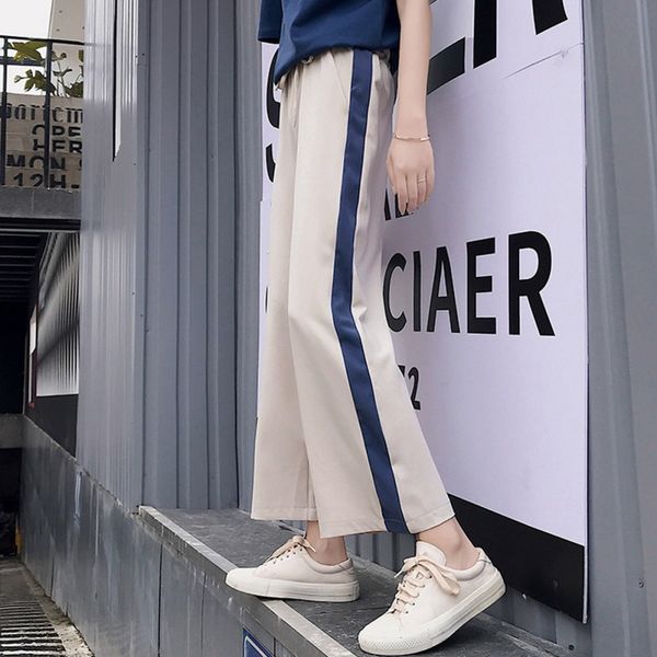 

women elastic waist nine pants split fork high waist wide leg straight sports casual trousers new arrival, Black;white