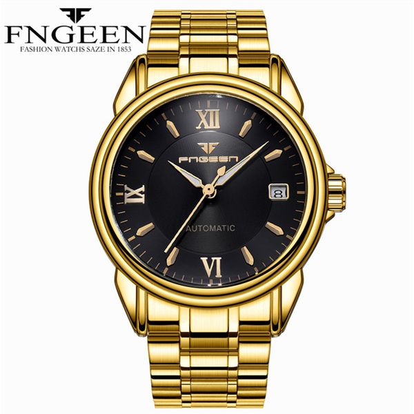 

fngeen gold watches men solid stainless steel band automatic watches, Slivery;brown