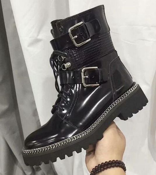 

luxury new womens platform ankle knight square heel boots autumn winter real leather shoes chain original box size 35-41, Black