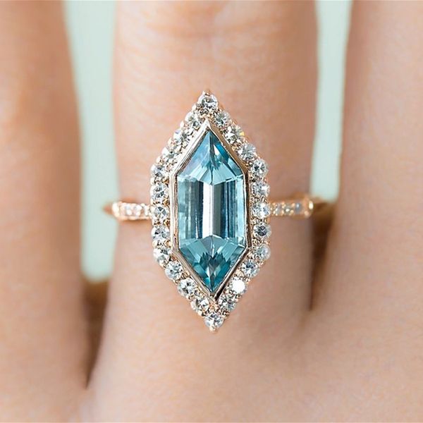 

elegant style engagement rings for women sea blue crystal stone yellow gold color geometric finger ring fashion jewelry kbr327, Slivery;golden