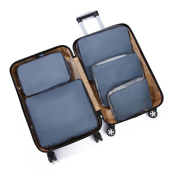

5pcs compression travel foldable lightweight bathroom storage bag set polyester luggage packing waterproof clothes organiser