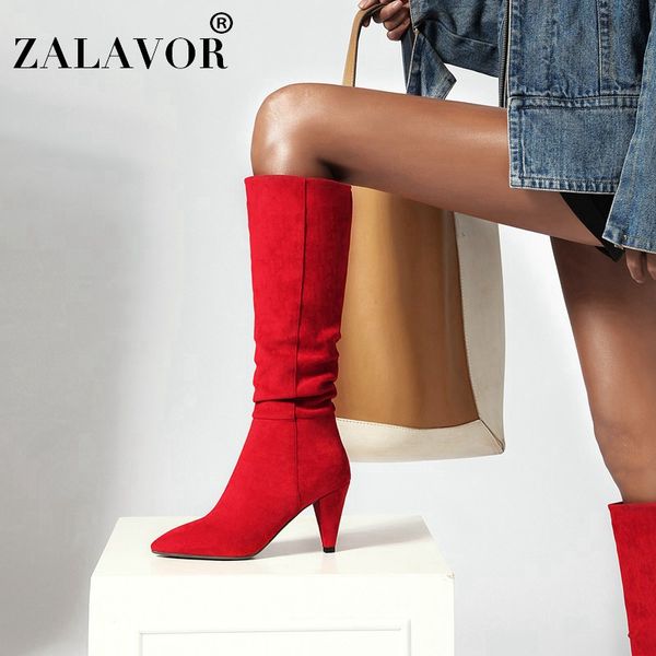 

zalavor pointed toe women knee high boots fashion 5 colors thin heels party ladies casual daily female footwear size 34-43, Black