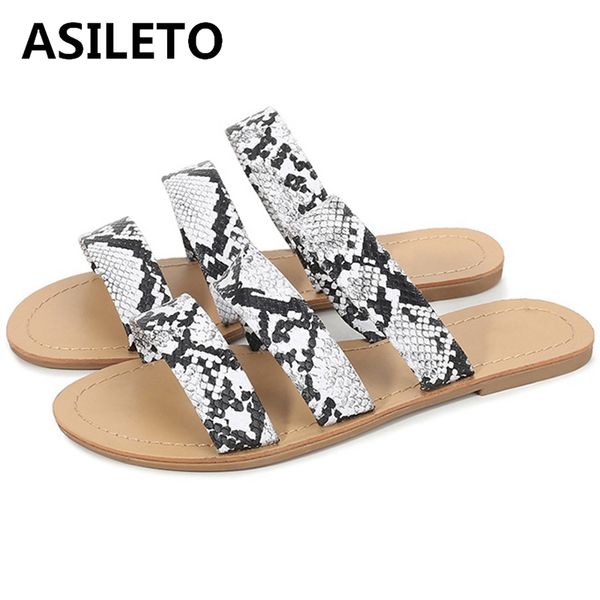 

asileto 2020 woman summer concise sandals slippers open toe flat heels snake pattern plus size 36-42 leisure outdoor a2954, Black