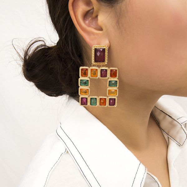 

europe jewelry color matching geometric environmental protection alloy earrings acrylic square gem contrast earrings women, Silver