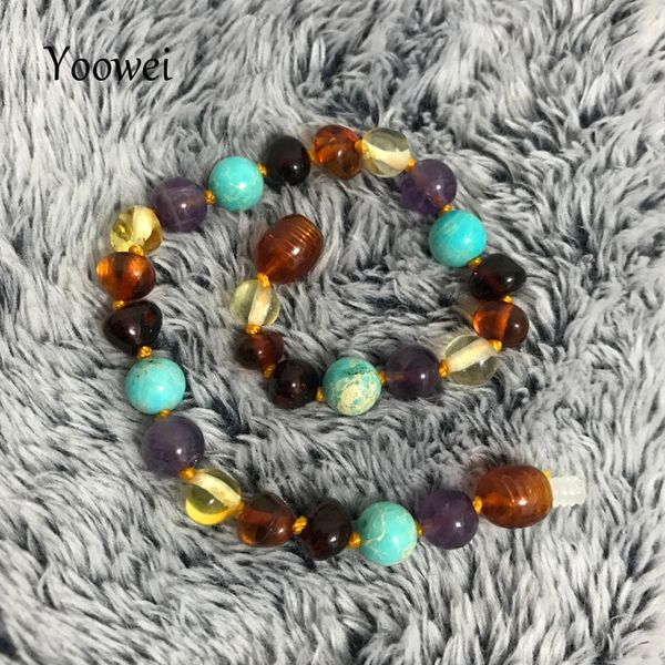 

yoowei natural baby amber bracelet/necklace turquoise amethyst gems diy custom kid baltic amber teething jewelry wholesale, Golden;silver
