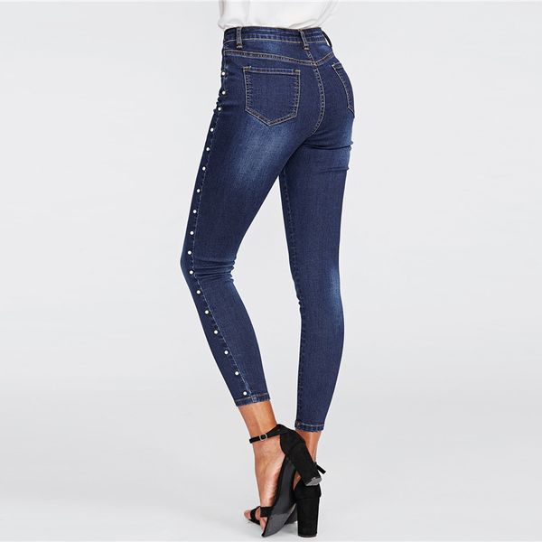 

fashion plus size pearls jeans pants high waist skinny jeans blue thin pearl embellished jeans push up denim pencil pant beading