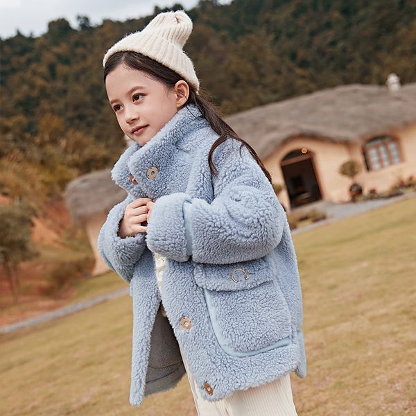 

children's clothing cashmere coat girls coat 2019 winter korean new girl long section wool double-sided 5-9t thickened lamb hair, Blue;gray